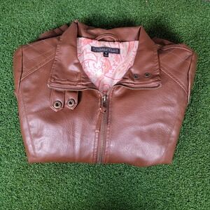 Wishful Park Faux Leather Brown Moto Jacket Full Zip‎ Lined Women's M